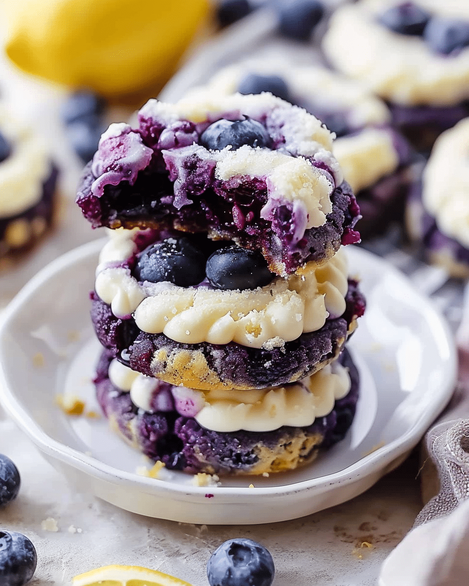 Thick & Soft Lemon Blueberry Cheesecake Cookies with Creamy Filling and Bursting Berries
