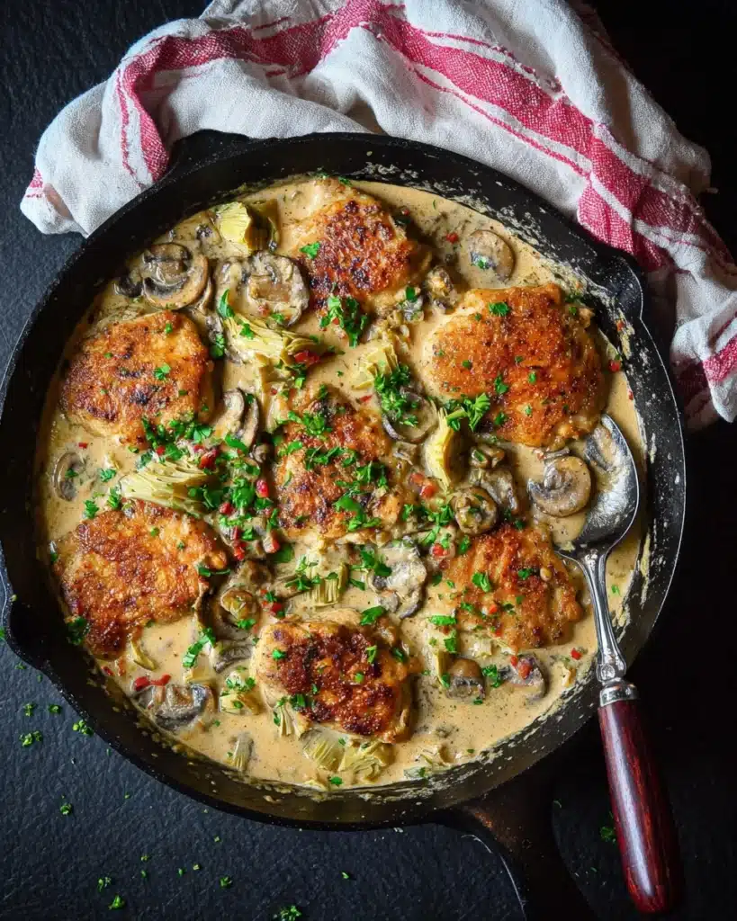 Chicken , Mushroom, Artichoke Saute in a Cheesy Sauce Recipe