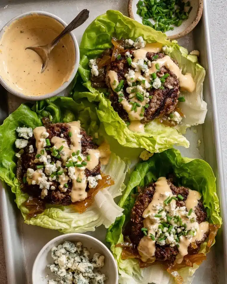 Lettuce Wrap Blue Cheese Burgers with Caramelized Onions Recipe