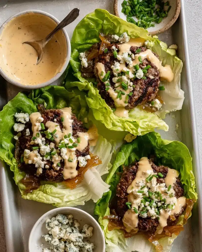 Lettuce Wrap Blue Cheese Burgers with Caramelized Onions Recipe