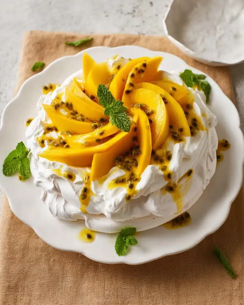 Passionfruit Curd Pavlova with Mango & Mint Recipe