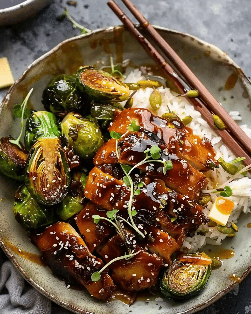 Sheet Pan Sticky Ginger Sesame Chicken and Crispy Brussels Sprouts