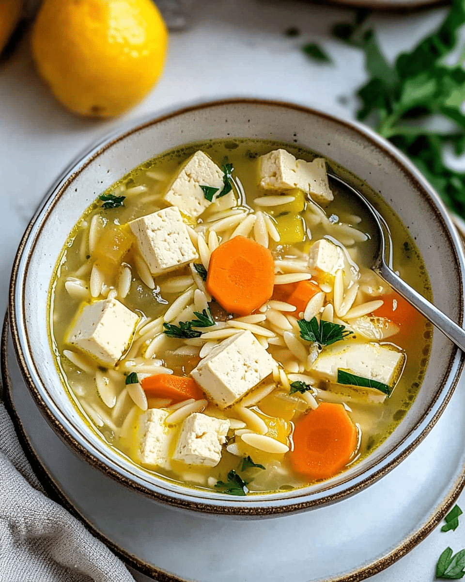 Vegan Tofu Lemon Orzo Soup