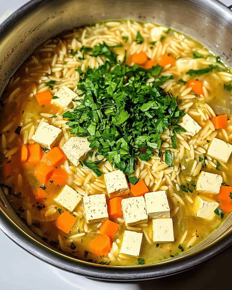 Vegan Tofu Lemon Orzo Soup