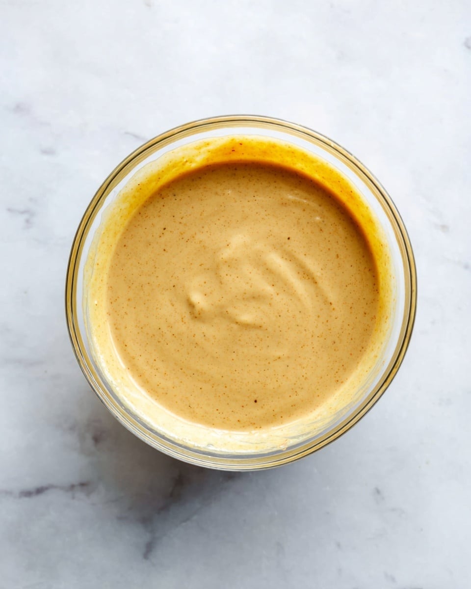 A clear glass bowl holds a smooth, thick sauce with a light tan color that has a few small darker specks evenly spread throughout. The sauce fills most of the bowl, sitting on a white marbled surface that creates a soft, clean background. The bowl’s rim has a slight yellowish tint from the sauce sticking near the edges. There are no other layers or items present in this simple, focused image photo taken with an iphone --ar 4:5 --v 7