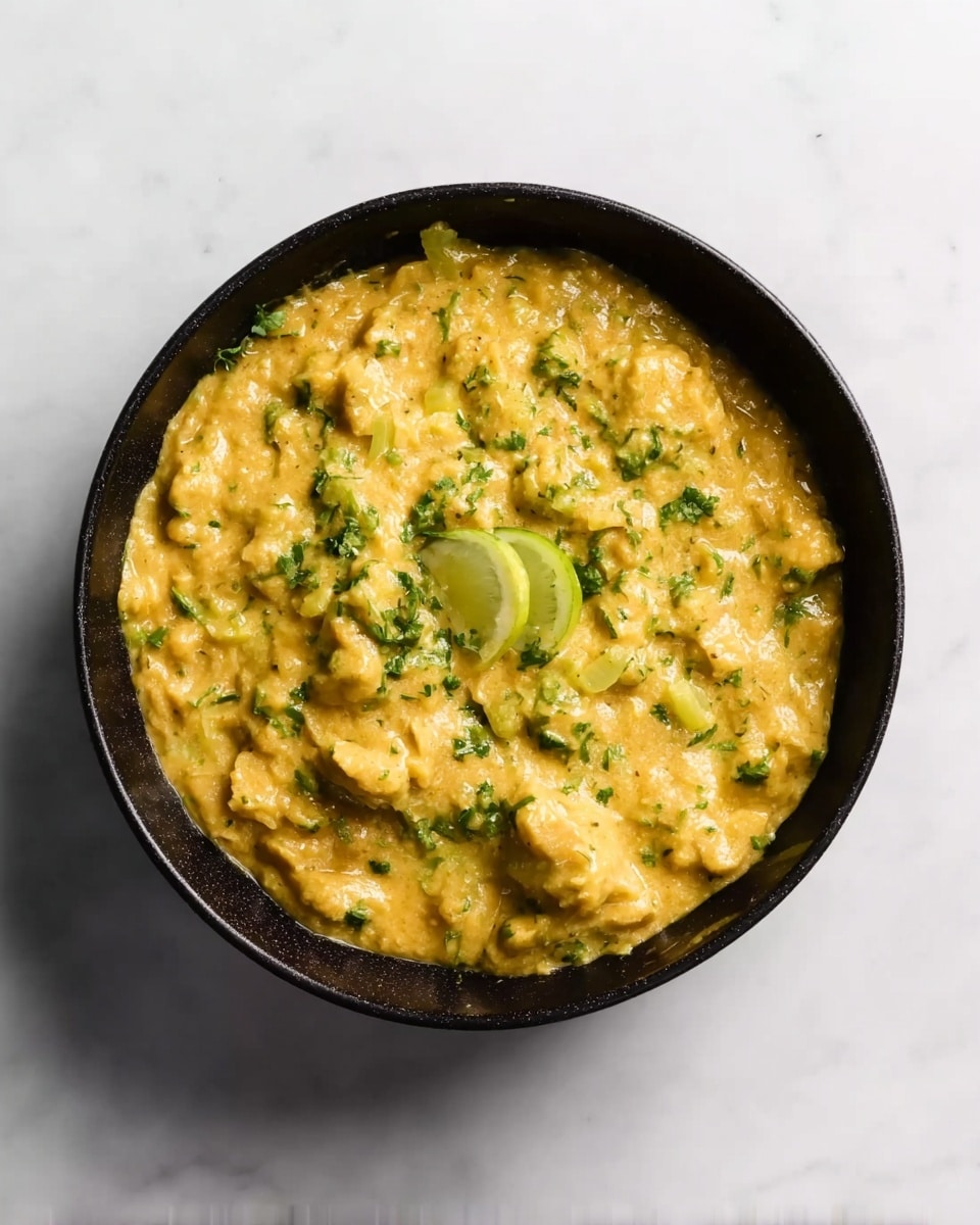 This image shows a round black bowl filled with a creamy yellow dish that looks like a stew or curry with soft, uneven chunks mixed in. The food has small green herb bits spread throughout, adding some color contrast. Two thin, light green lime slices sit on top, near the center of the bowl. The bowl is placed on a white marbled surface that gives a clean and bright background. The texture of the dish looks smooth and thick, with some visible small pieces giving it a slightly chunky look. photo taken with an iphone --ar 4:5 --v 7