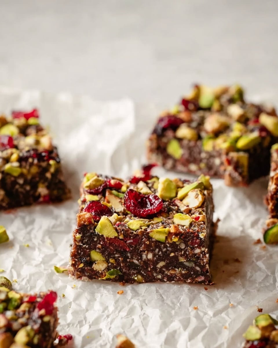 The image shows several thick square bars placed on crinkled parchment paper over a white marbled surface. Each bar has a dark brown base filled with chopped nuts, seeds, and bits of dried fruit, giving it a coarse texture. The top layer features a rough mix of whole and chopped green pistachios, bright red dried cranberries, and more nuts scattered unevenly. The focus is on the front bar, with others blurry in the background, arranged in a casual, slightly scattered way. Photo taken with an iphone --ar 4:5 --v 7