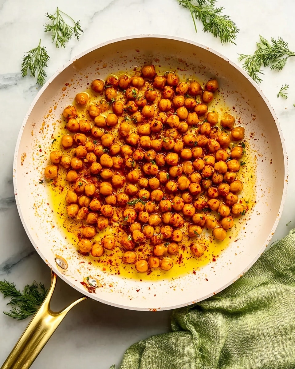 A white pan filled with cooked chickpeas spread evenly in one layer, coated with a shiny golden-yellow oil and sprinkled with red spices, giving the chickpeas a warm orange-brown tone. The pan has a gold handle and is placed on a white marbled surface with green herbs positioned around it. A folded green cloth is next to the pan. Photo taken with an iphone --ar 4:5 --v 7
