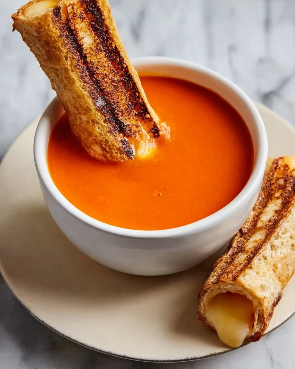A white bowl filled with smooth, bright orange tomato soup sits on a white saucer, all placed on a white marbled surface. One toasted golden-brown rolled sandwich filled with melted cheese is dipped vertically into the soup, showing a crunchy texture with dark grill marks. Another similar toasted rolled sandwich rests on the table beside the bowl, displaying a bubbly melted cheese inside. The scene is simple and inviting, focusing on the warm colors of the soup and toasted rolls. Photo taken with an iphone --ar 4:5 --v 7