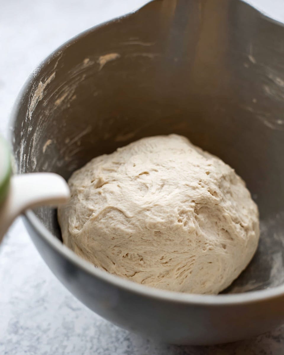 A close-up image of a single ball of pale beige dough resting inside a gray metal mixing bowl with a white dough hook partially visible on the left side. The dough looks soft with small air bubbles and a slightly uneven surface texture. The inside of the bowl shows signs of use with some worn or scratched spots on the side. The background is a white marbled texture. photo taken with an iphone --ar 4:5 --v 7