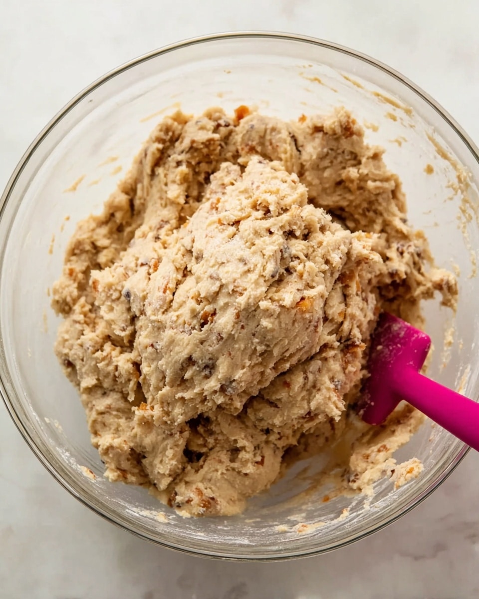 A clear glass bowl filled with thick, chunky cookie dough that is light beige with bits of caramel-colored pieces mixed in. The dough has a rough, uneven texture and is gathered in a large clump at the center of the bowl. A pink spatula with a black handle is partially pushed into the dough on the right side. The background is a white marbled surface. photo taken with an iphone --ar 4:5 --v 7