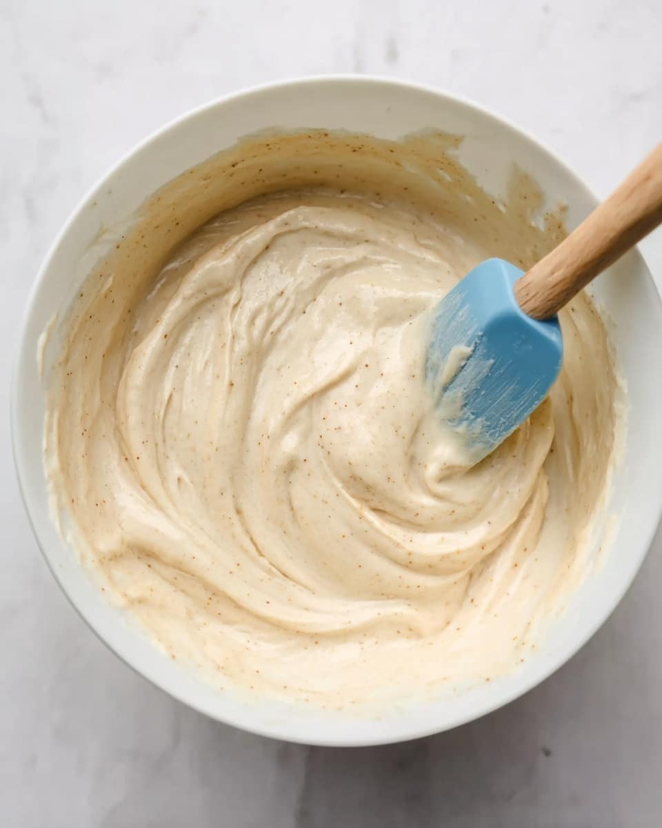 The image shows a white bowl filled with a creamy, smooth mixture that has a light beige color with small darker specks. A blue silicone spatula with a wooden handle is resting inside the bowl, partially covered by the mixture, and appears to have been used to stir or fold the contents. The texture of the mixture looks thick and soft, with gentle swirls and peaks visible on its surface. The bowl is placed on a white marbled surface. photo taken with an iphone --ar 4:5 --v 7