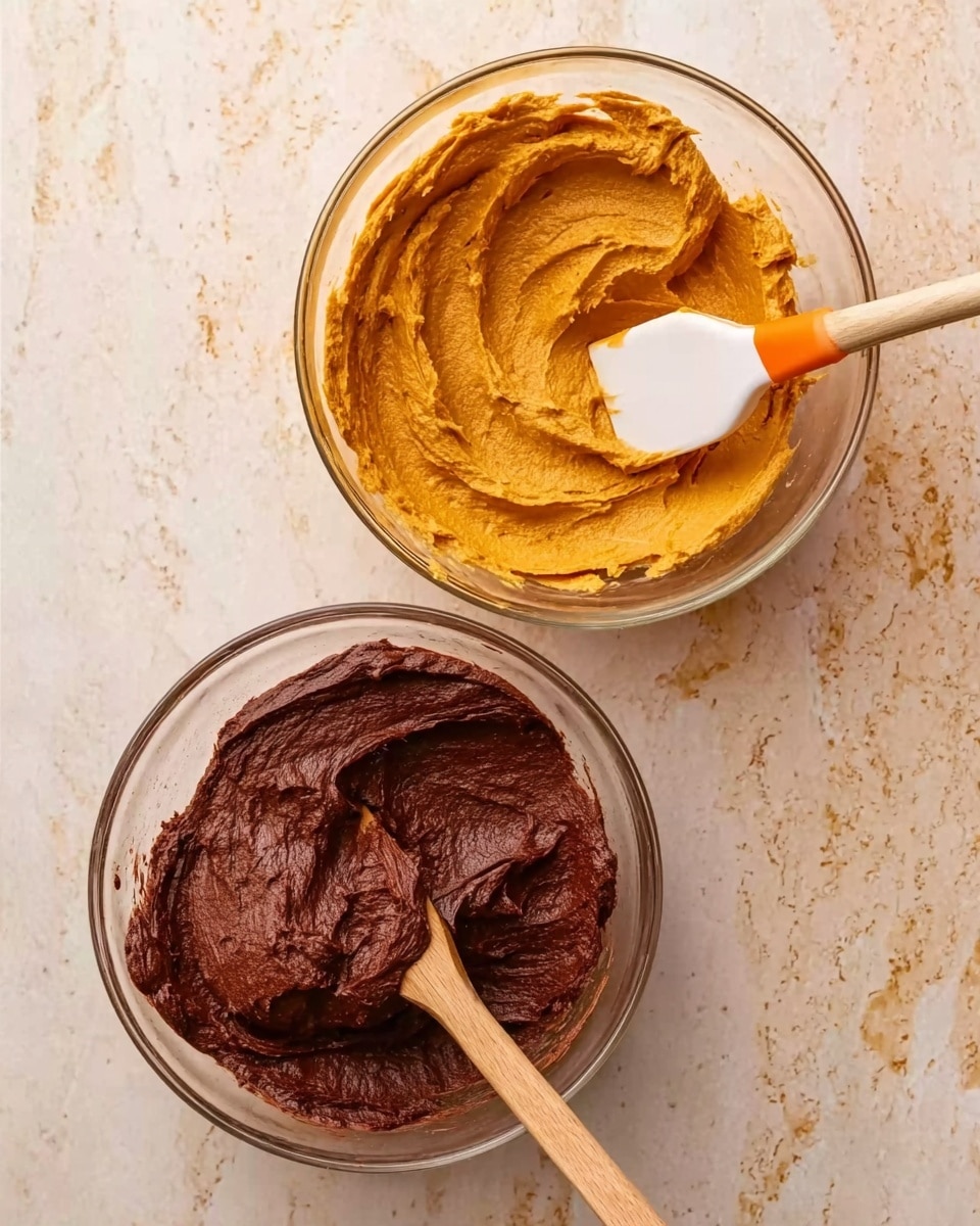 Two clear glass bowls are shown from above, each containing a thick mixture. The top bowl holds a smooth, creamy orange paste with slight texture, and a white spatula with an orange tip rests inside. The bottom bowl contains a dense, rich dark brown chocolate-like paste with a light wooden spatula partially dipped in it. Both bowls are placed on a white marbled surface with soft beige and light brown specks. photo taken with an iphone --ar 4:5 --v 7