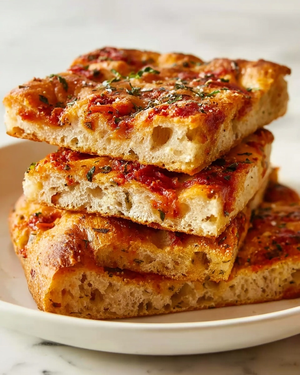 A stack of four thick, square slices of focaccia bread with a golden brown crust sits on a white plate on a white marbled surface. Each slice shows a soft, airy inside with visible bits of herbs and melted cheese baked within the bread. The top layer of each slice is covered with a slightly chunky red tomato sauce sprinkled with dried herbs, adding rich color and texture. The slices are neatly stacked on top of each other, showing clear layers of bread, cheese, and sauce. The lighting highlights the bread’s crispy edges and the moist inside, creating a warm and inviting look. Photo taken with an iphone --ar 4:5 --v 7