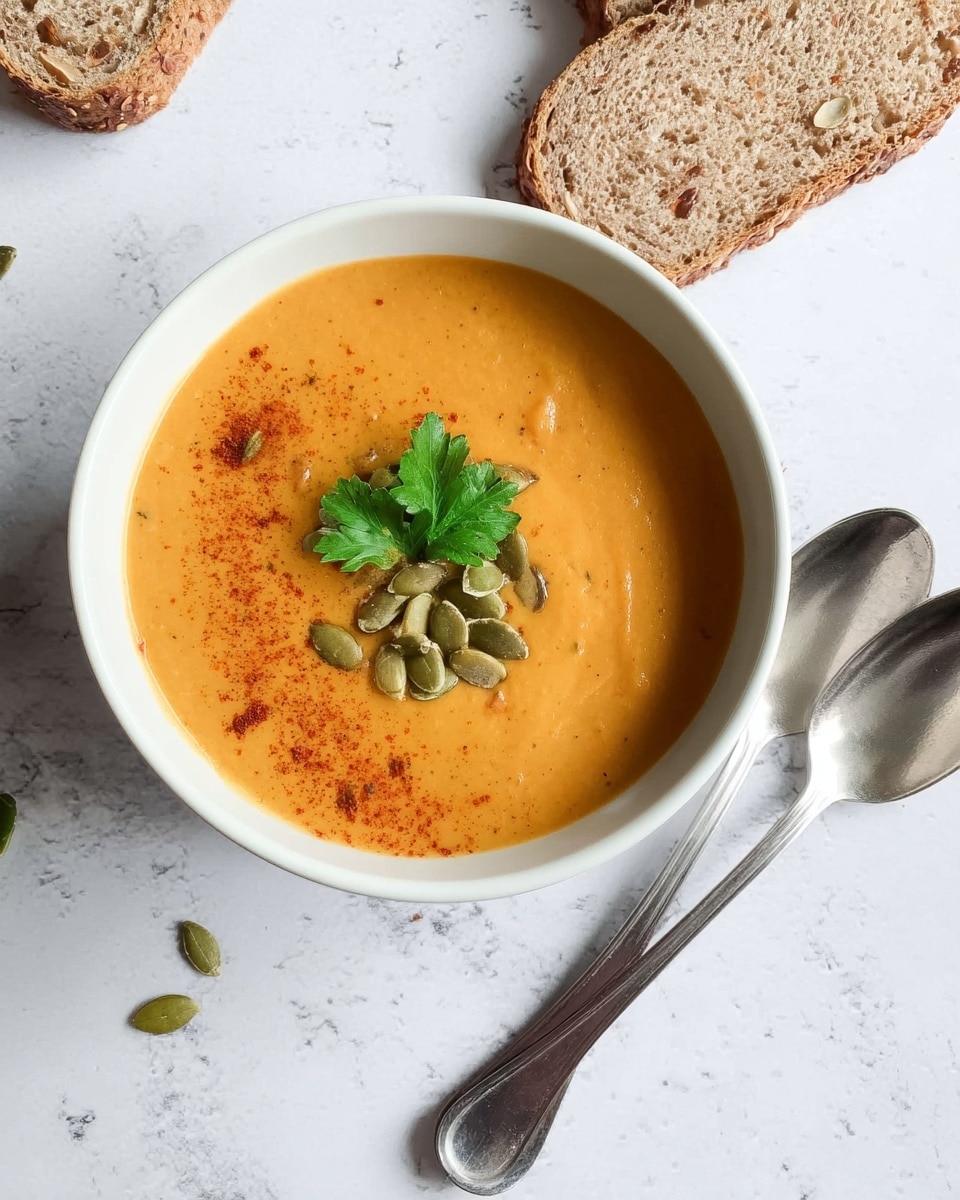 A white bowl filled with smooth, orange soup that has a creamy texture and is sprinkled lightly with reddish seasoning on one side. On top, there is a small cluster of green pumpkin seeds and a single sprig of fresh green parsley placed near the center. The bowl rests on a white marbled surface with two silver spoons lying nearby crossed at the handles, and two slices of light brown multi-seed bread are placed at the top edge of the image. Photo taken with an iphone --ar 4:5 --v 7