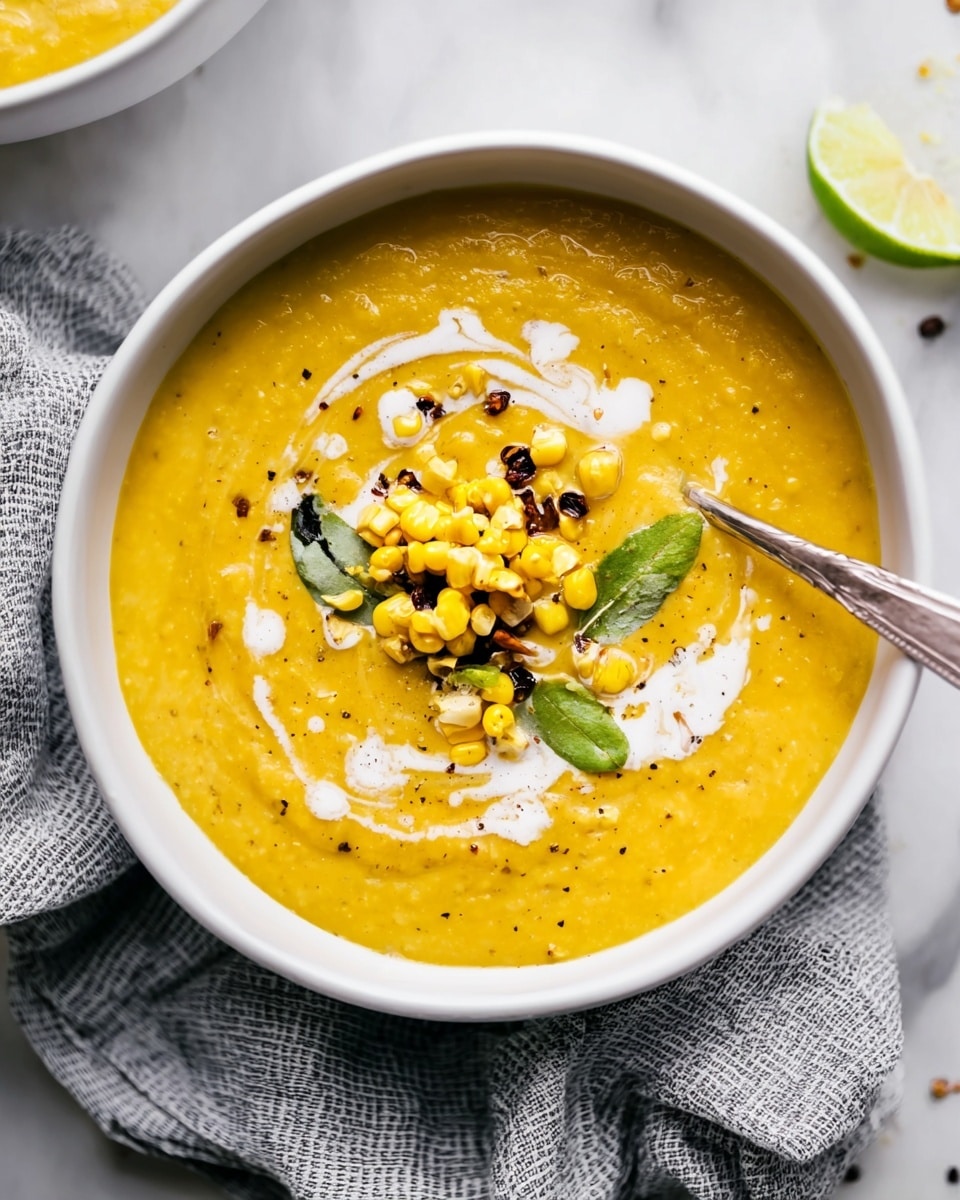 A bowl of thick yellow-orange soup fills the white bowl fully, with a few swirls of white cream on top. In the center of the soup, there is a cluster of small yellow corn pieces mixed with black peppercorns, pale nuts, and some green leaves. The bowl rests on a soft gray and white striped cloth, set on a white marbled surface with a sliced lime visible on the side. The soup looks smooth but slightly textured with tiny visible spice bits. photo taken with an iphone --ar 4:5 --v 7