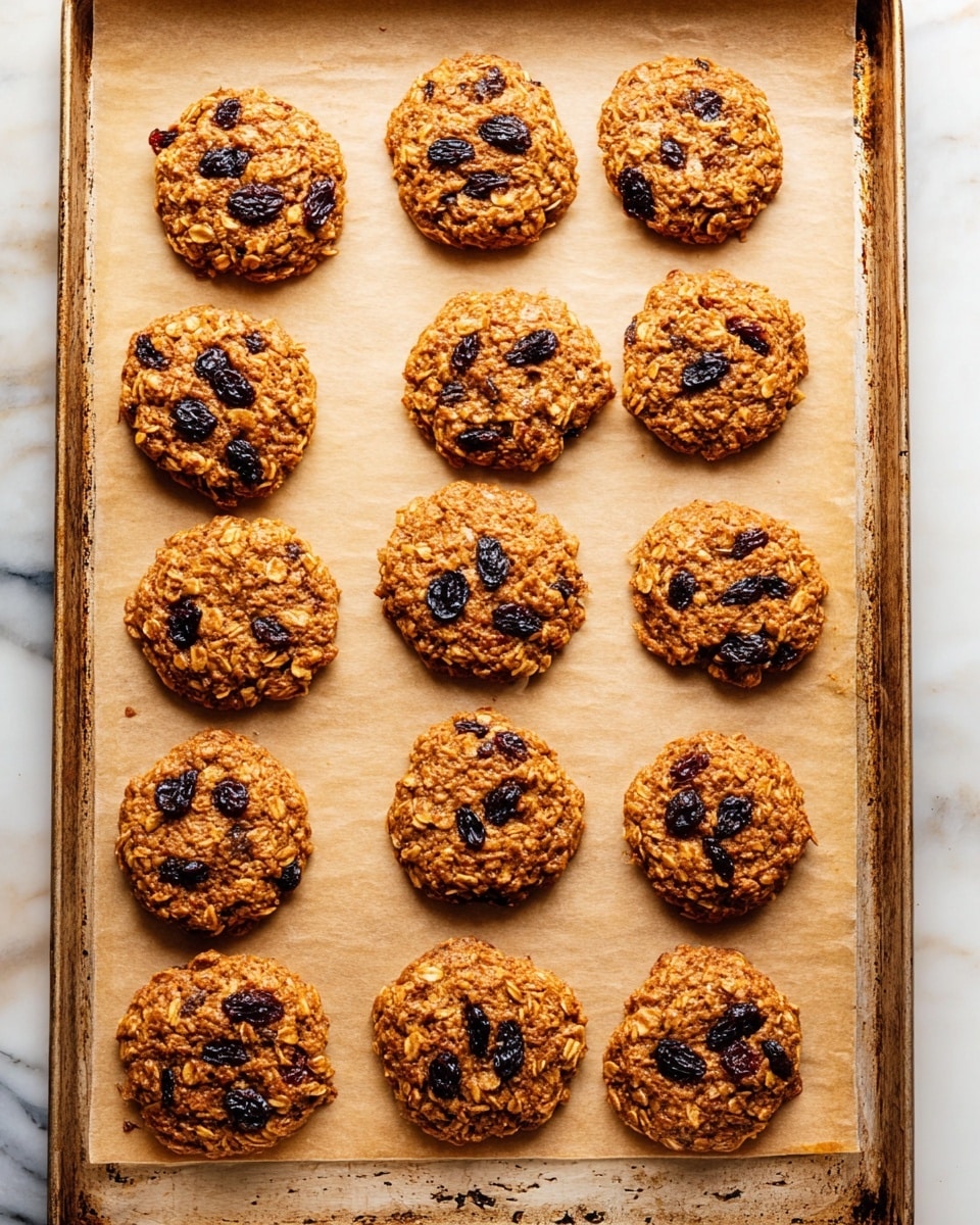 The image shows a baking tray with twelve round oatmeal cookies evenly spaced on parchment paper. Each cookie has a rough texture from the oats and is golden brown in color with dark, wrinkled raisins scattered on top. The cookies look slightly thick and rustic, with some edges slightly uneven, showing a homemade feel. The parchment paper beneath the cookies is light brown with some small darker spots from the baking process, and the tray has a shiny metal edge that is slightly worn. This scene is set against a white marbled surface. Photo taken with an iphone --ar 4:5 --v 7