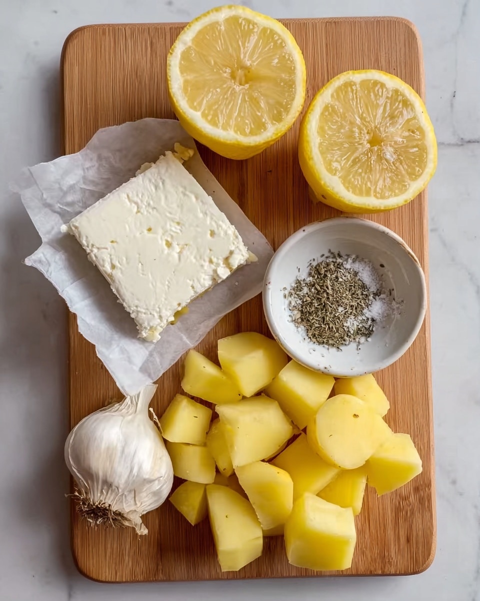A wooden board holds several ingredients arranged neatly on a white marbled surface. On the left side, there is a soft rectangle of white cheese with a slightly crumbly texture sitting on white paper. To the right, two halves of a bright yellow lemon show their juicy, detailed interior. Below the lemons, chunks of peeled yellow potatoes with smooth surfaces are scattered in a small pile. At the center near the top, a bulb of garlic with individual cloves visible is placed. On the top right, a small white bowl contains mixed dried herbs and coarse salt with a grainy texture. Photo taken with an iphone --ar 4:5 --v 7