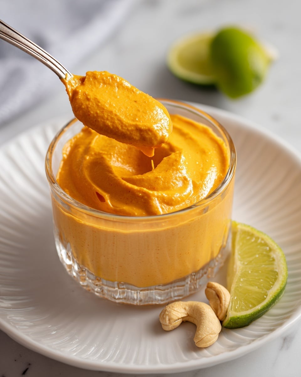 A clear glass container filled with a smooth, thick, bright orange spread with a creamy texture, held by a silver spoon lifting some of it above the container. The container sits on a white plate with small ridges around its edge, placed on a white marbled surface. Next to the container, there are two lime wedges with a fresh green color and a single light brown cashew nut, all adding a fresh and natural touch to the scene. Photo taken with an iphone --ar 4:5 --v 7