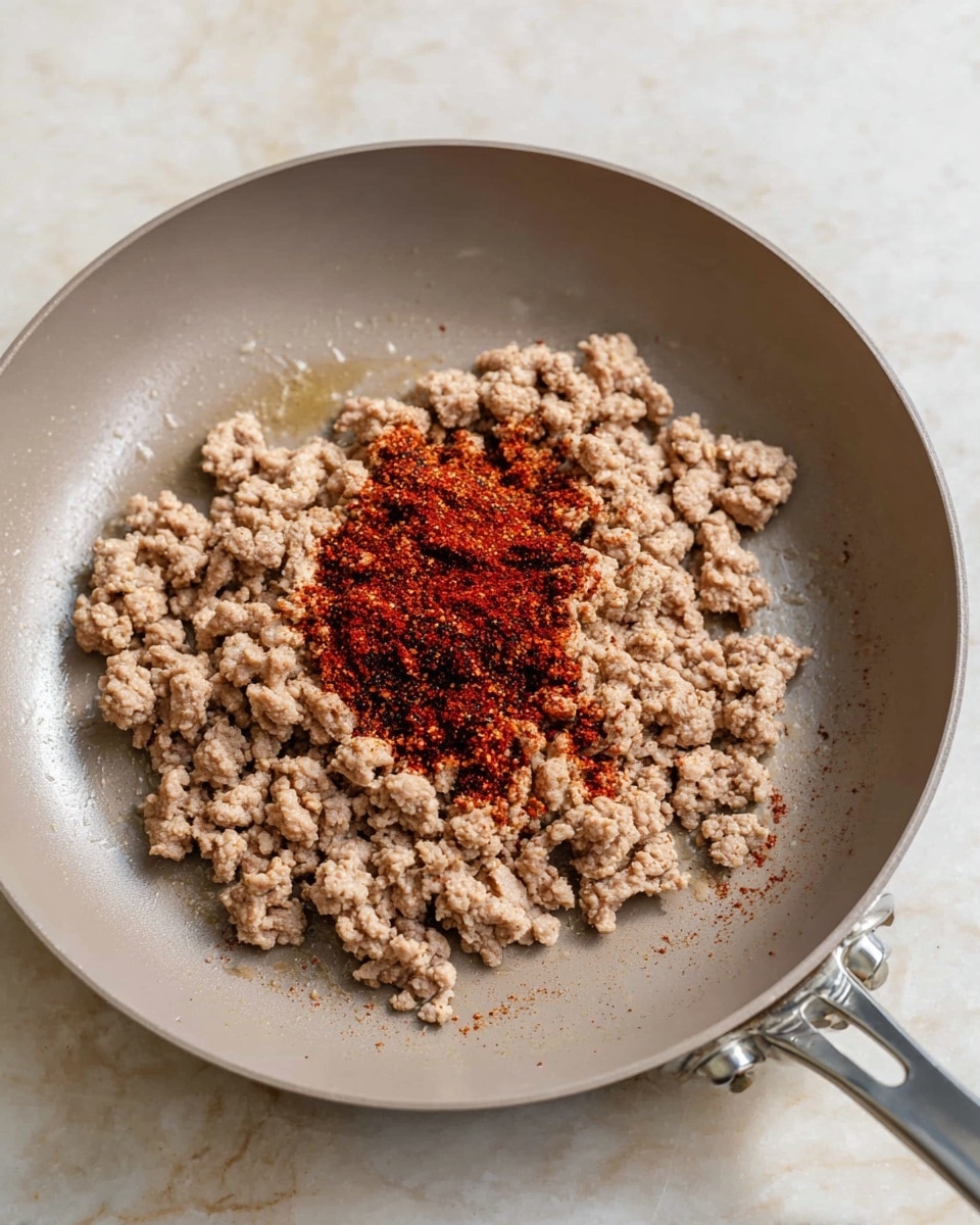 A light gray frying pan holds one layer of cooked light brown ground meat covering the pan bottom evenly. On top in the center, there is a small mound of dark red spice powder mixed with some oil creating a slightly shiny texture. The pan handle is silver and extends toward the bottom right corner of the image. The pan sits on a white marbled texture surface. Photo taken with an iphone --ar 4:5 --v 7