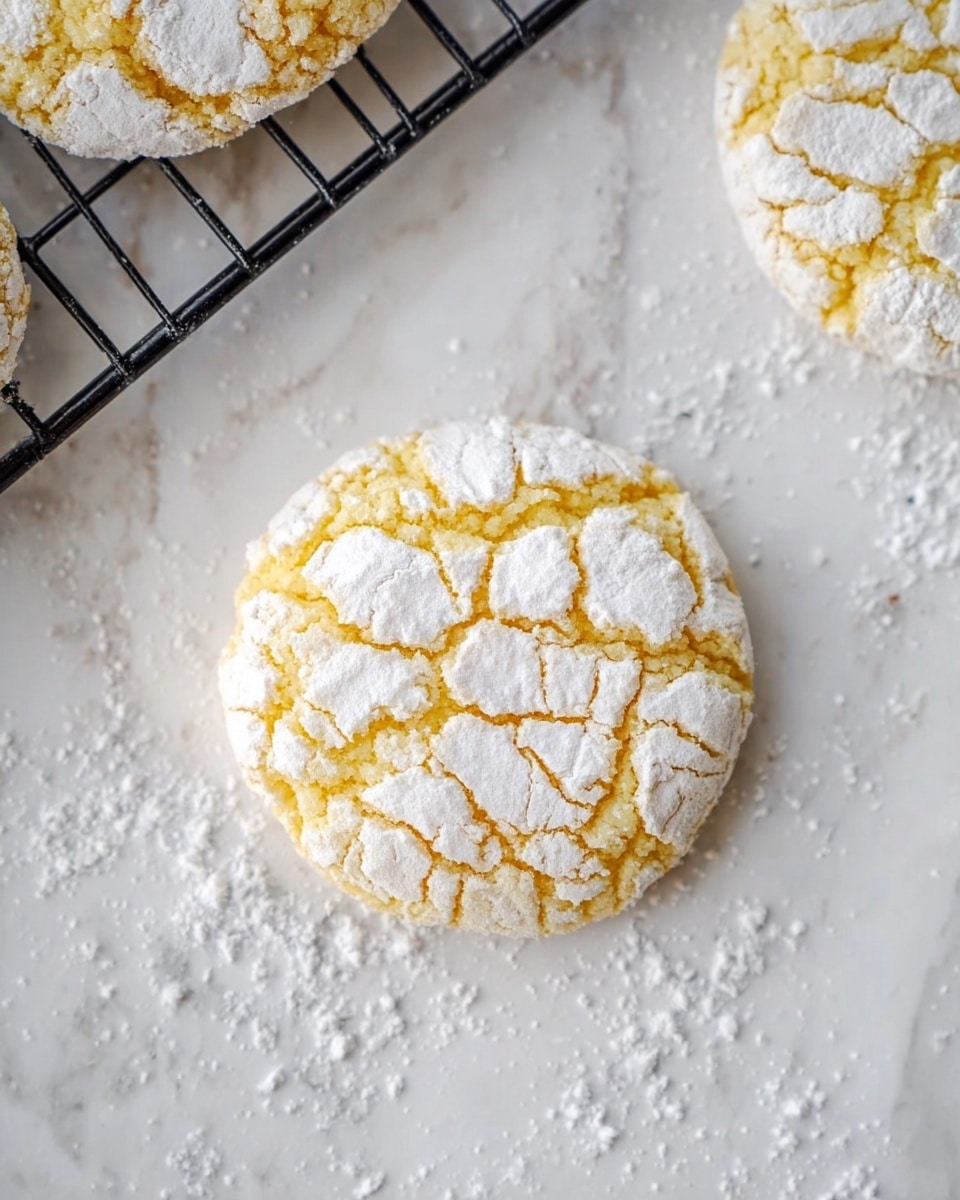 There are two crinkle cookies shown on a white marbled surface, with one cookie placed flat near the center and another partly visible on a black cooling rack on the upper left side. The cookies have a light yellow color and are covered with a thick layer of white powdered sugar that cracks, creating a crinkled pattern. Some powdered sugar is scattered lightly around the cookies on the surface. The photo was taken with an iphone --ar 4:5 --v 7