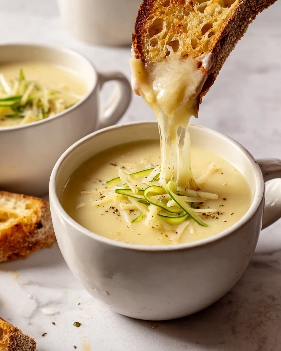 A white cup filled with thick, creamy yellow soup topped with green onion slices and small shreds of cheese, placed on a white marbled surface; a piece of crusty brown bread is being dipped into the soup, with the soup visibly stretching from the cup to the bread; the photo shows part of a woman's hand holding the bread, with two more white cups of the same soup in the background slightly out of focus; the scene is warm and inviting, emphasizing the smooth texture of the soup and the crunchy texture of the bread. photo taken with an iphone --ar 4:5 --v 7