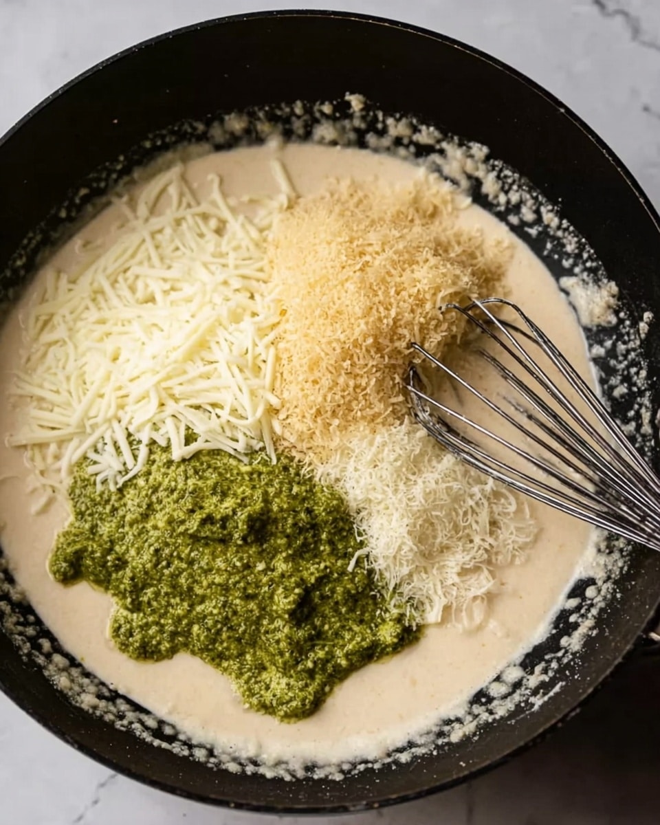 The image shows a close-up of a black pan with a creamy light beige sauce as the base layer. On top of the sauce, there are three piles of toppings placed near each other: shredded white cheese on the left, bright green pesto in the middle broken into two parts, and finely grated pale yellow cheese on the right. A black metal whisk rests on the sauce near the toppings, with some sauce splattered on the sides of the pan. The background is a white marbled surface. Photo taken with an iphone --ar 4:5 --v 7
