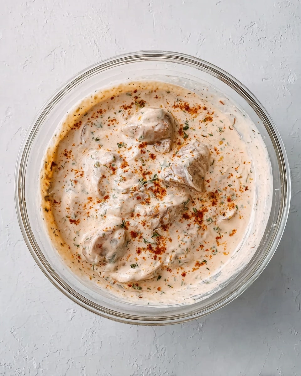 A clear glass bowl with thick creamy sauce dotted with small herbs and spices covering pieces of raw meat submerged in the sauce, all placed on a white marbled surface photo taken with an iphone --ar 4:5 --v 7