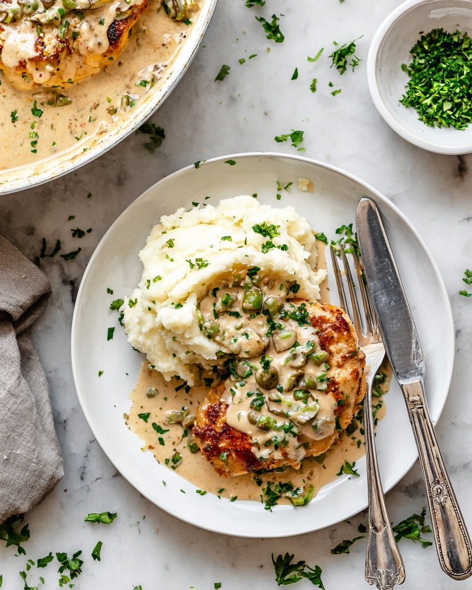 A white plate holds two main layers: on the left side, a soft, fluffy layer of mashed potatoes with small green herb pieces sprinkled on top; on the right side, a browned piece of chicken covered with a light creamy sauce filled with small green vegetable pieces, also topped with chopped green herbs. A silver fork rests on the mashed potatoes and a silver knife lies to the right of the plate, all placed on a white marbled surface with scattered chopped herbs around. A portion of the creamy dish in a white pan is visible at the top left, along with a small white bowl of chopped green herbs to the upper right. photo taken with an iphone --ar 4:5 --v 7