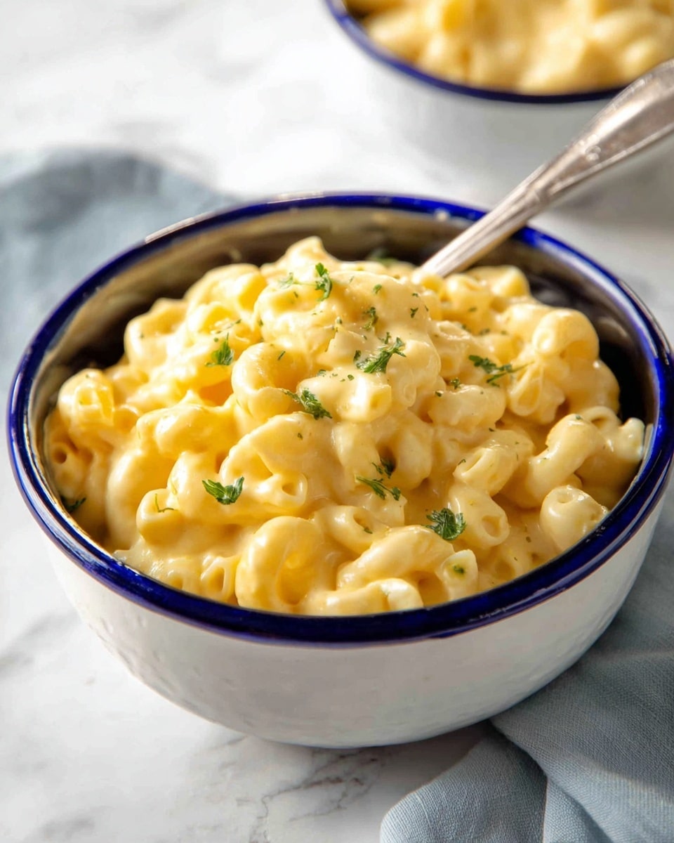 A bowl filled with creamy yellow macaroni and cheese topped with small green herb pieces, placed on a matching white bowl with a blue rim on a white marbled surface. A silver spoon rests inside the bowl, partially submerged in the mac and cheese. The texture of the macaroni is smooth and saucy with a slight shine, showing the thick cheese coating each piece. photo taken with an iphone --ar 4:5 --v 7