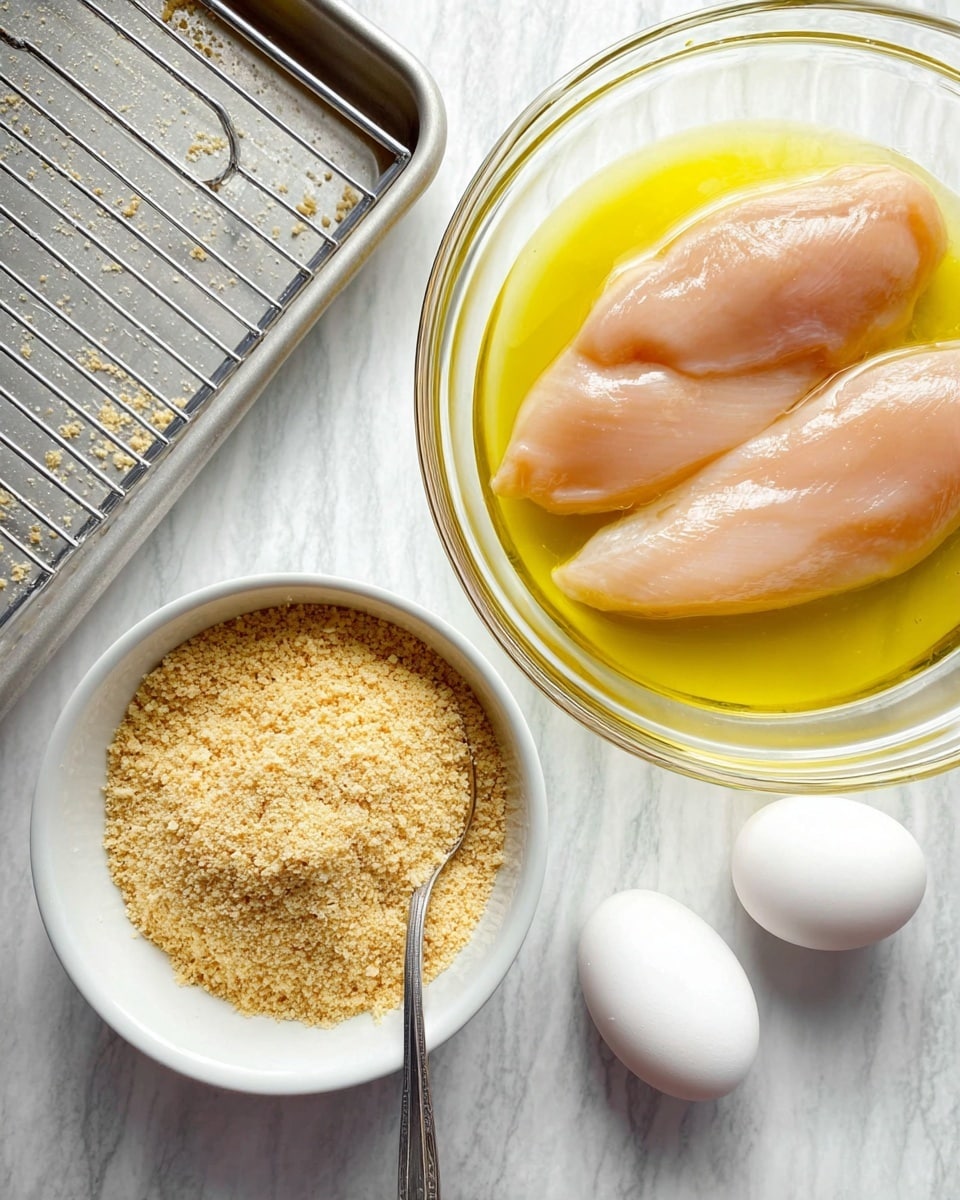 The image shows three raw chicken fillets soaking in a clear glass bowl filled with a yellow liquid, likely beaten eggs or marinade. Next to the bowl is a white bowl filled with light brown breadcrumbs with a spoon resting inside. Two white eggs are placed near the bowl on a white marbled surface. At the top left corner, part of a metal wire rack on a baking tray is visible. The overall setting conveys a preparation stage for breaded chicken. Photo taken with an iphone --ar 4:5 --v 7