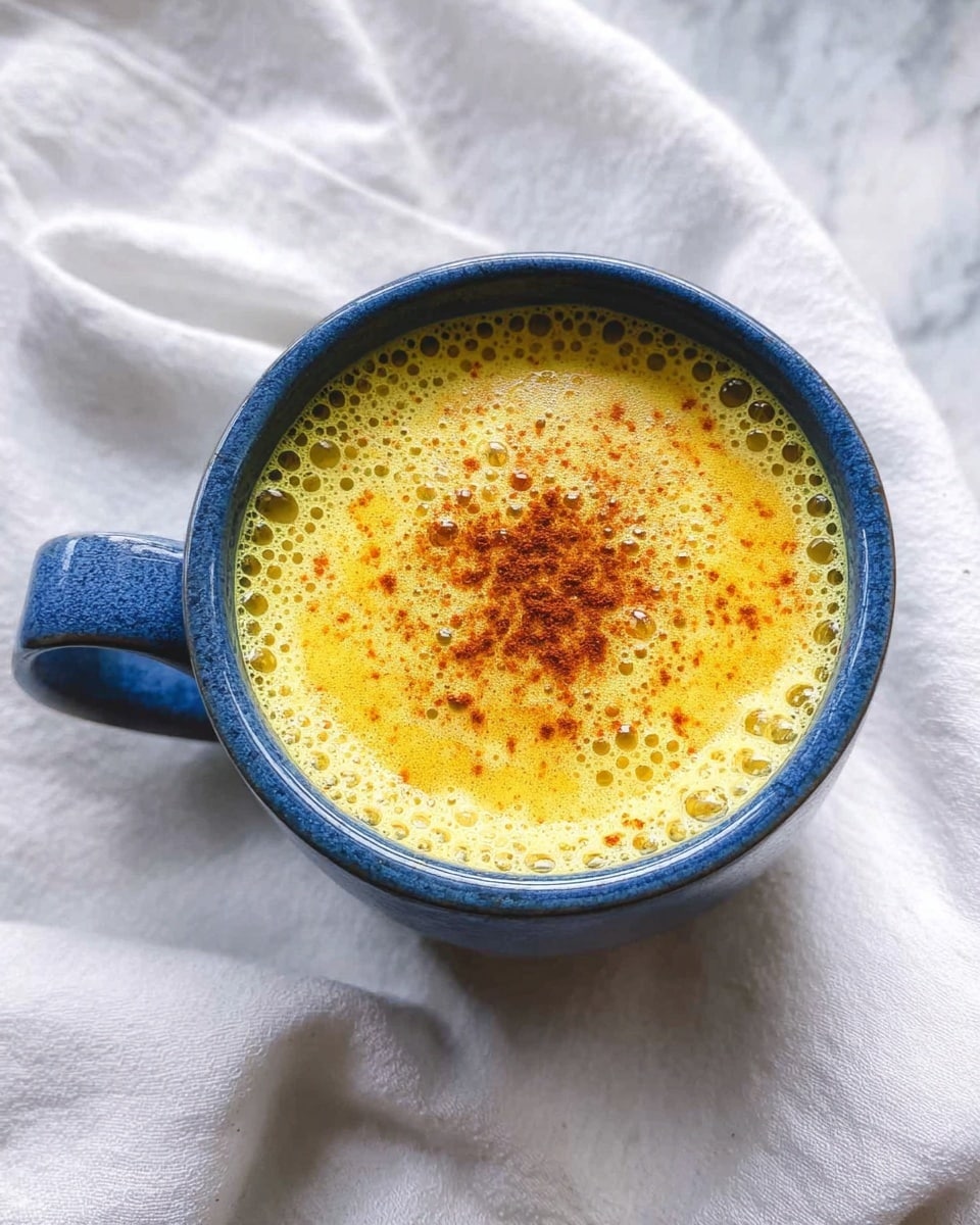 A blue ceramic cup filled with a yellow liquid that has many small bubbles on the surface, topped with a sprinkle of reddish-brown powder in the center, placed on a white marbled texture with a white cloth partially under the cup, photo taken with an iphone --ar 4:5 --v 7