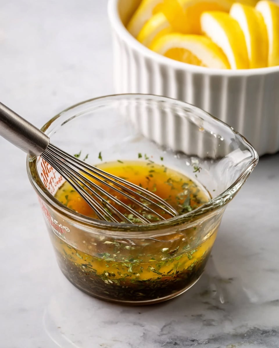 A clear glass measuring cup with liquid layers of vinaigrette, showing a darker layer of herbs and spices settled at the bottom and a lighter golden layer on top, with a silver whisk inside mixing the dressing. In the background, a white fluted bowl contains several yellow and white striped lemon wedges arranged neatly. The whole scene is set on a white marbled surface. photo taken with an iphone --ar 4:5 --v 7