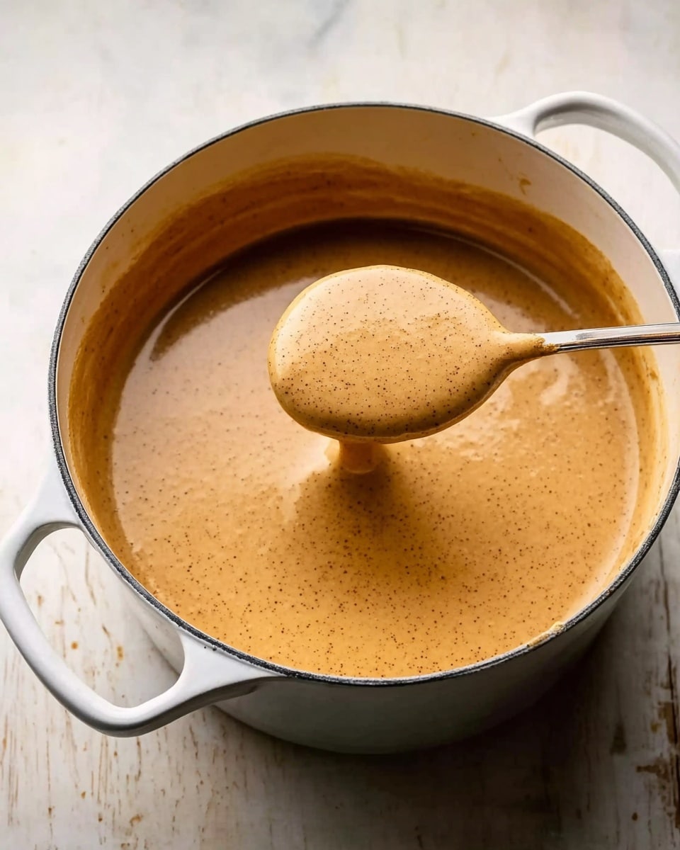 A white pot filled with a thick, tan-colored sauce that has a smooth and creamy texture with tiny dark specks mixed throughout. A spoon is scooping up some of the sauce, showing its consistency as it drips slightly from the spoon. The pot has two handles and is placed on a white marbled surface with light brown stains around the edges. The photo has soft lighting that highlights the sauce's glossy surface and creamy texture. photo taken with an iphone --ar 4:5 --v 7