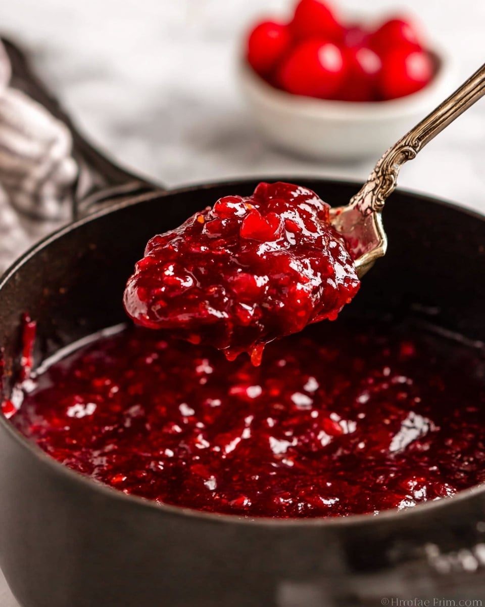 A close-up image shows a shiny red sauce with small chunks and a thick texture in a black pot. A silver spoon with an elegant handle is lifting some sauce, revealing the bright, glossy red with bits of fruit or vegetable inside. The pot handle is visible on the right side, and in the blurred background, there is a small white bowl with shiny red cherries. The whole scene is set on a white marbled surface. photo taken with an iphone --ar 4:5 --v 7