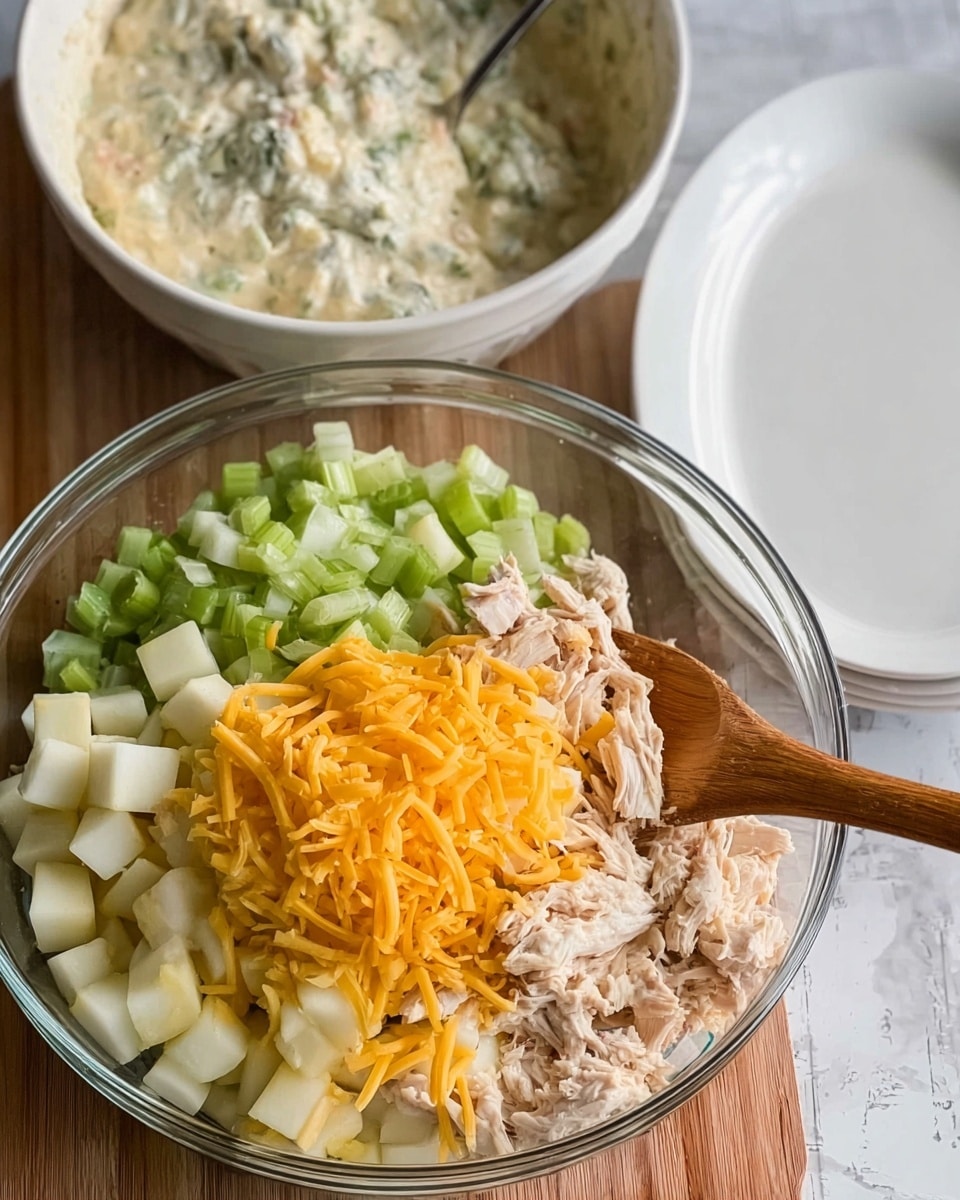 The image shows a clear glass bowl filled with three visible layers: small green celery pieces on the left, white chunks that look like apple or potato in the middle, and a pile of shredded light brown chicken on the right, topped with a heap of yellow shredded cheese. A wooden spoon rests inside the bowl, touching the chicken. Behind this main bowl, there is a white bowl with a creamy, mixed texture, possibly a sauce or dressing, with a spoon inside it. On the right side is a plain white oval plate. The items are placed on a white marbled surface. photo taken with an iphone --ar 4:5 --v 7