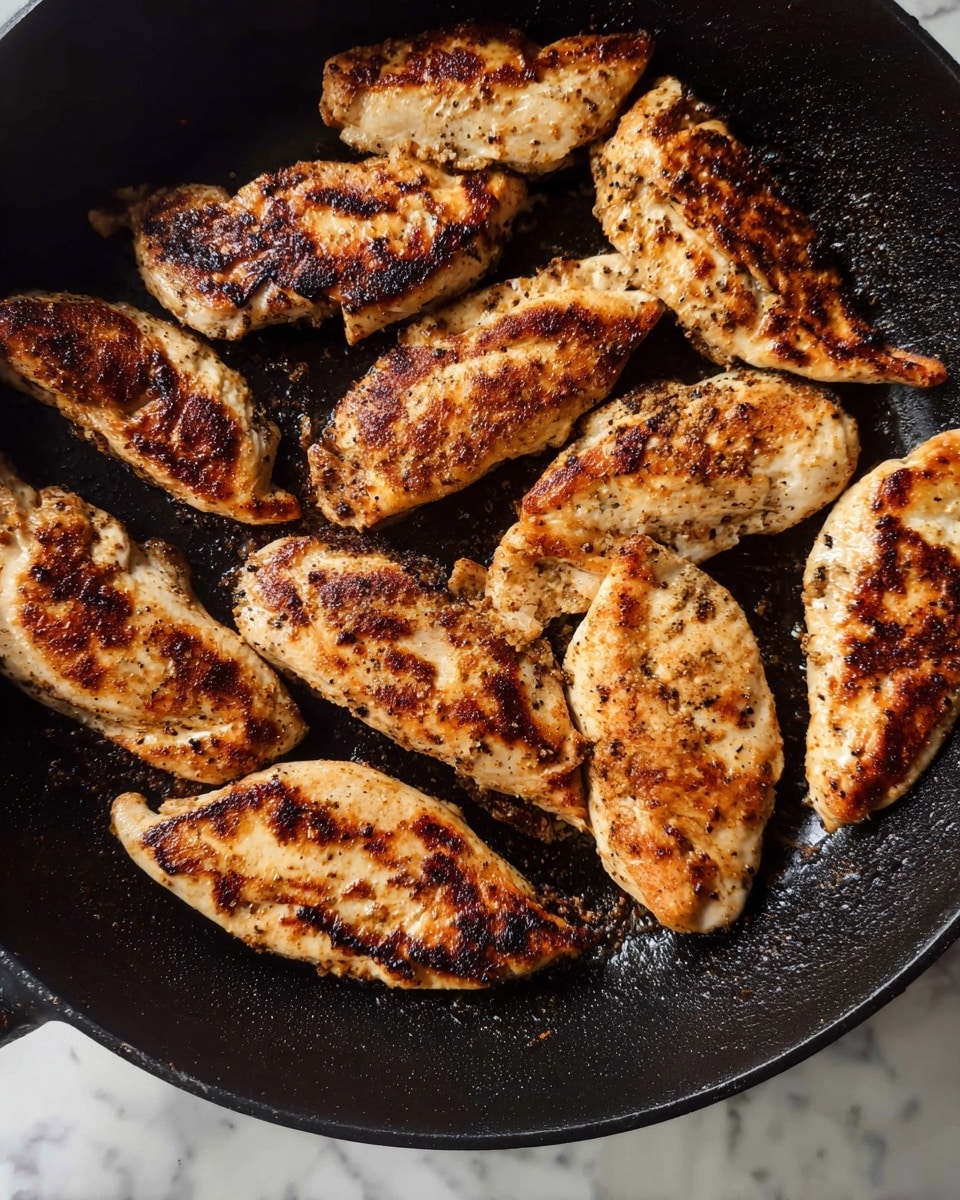 The image shows a black cast iron pan filled with ten browned cooked chicken fillets. The fillets are arranged close to each other, covering most of the pan's surface. Each fillet has a golden-brown color with darker brown sear marks and a slightly rough texture, signaling they have been cooked on medium-high heat. The background is a white marbled surface. photo taken with an iphone --ar 4:5 --v 7