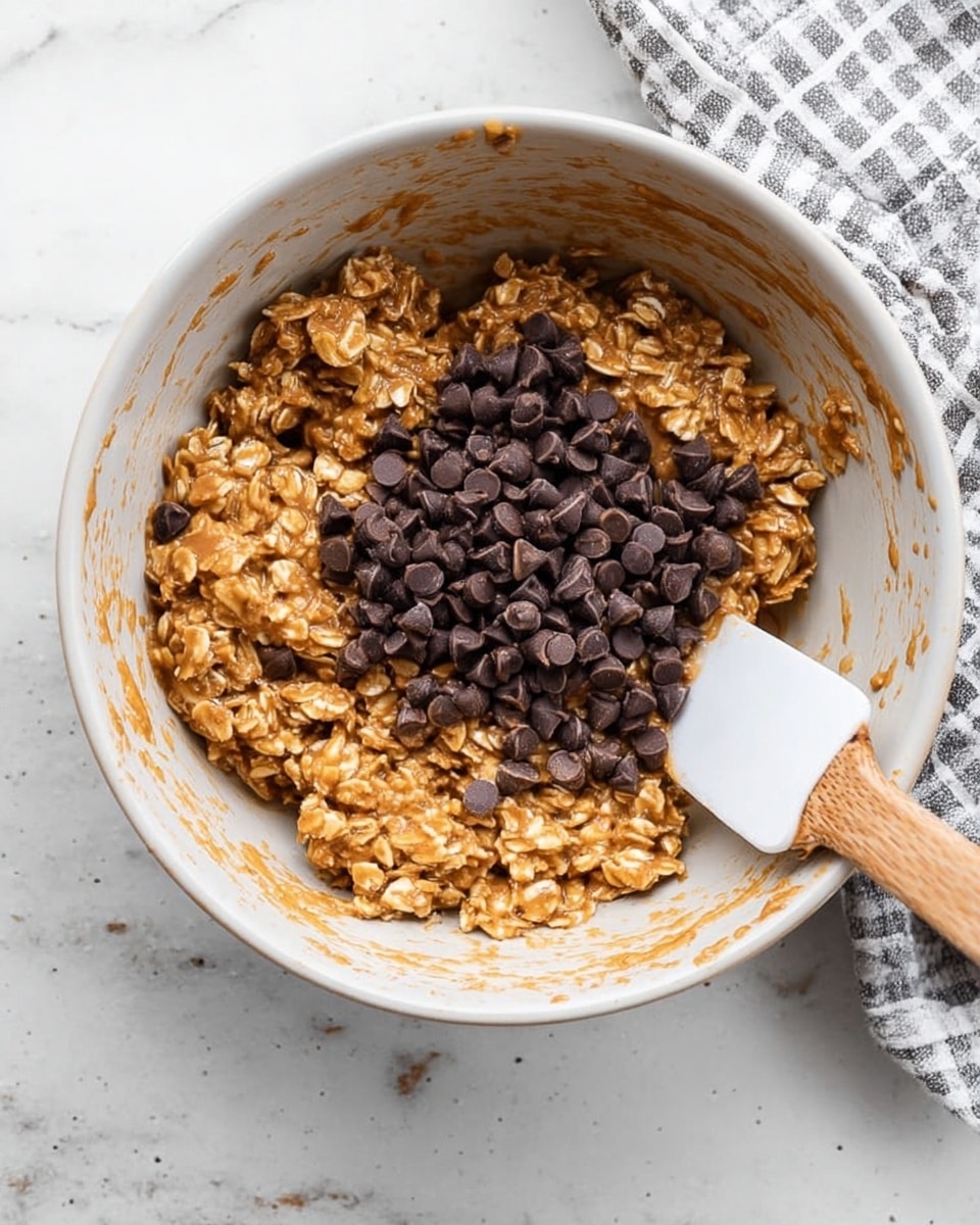 A close-up top view of a white bowl containing a mixture of oats coated with a golden brown sauce and a pile of dark brown chocolate chips on top. The oat mixture looks sticky and thick, covering most of the bowl's surface, and the chocolate chips are clustered in one area. A white spatula with a wooden handle rests inside the bowl, touching the oat mixture. The bowl is placed on a white marbled texture with a gray and white checkered cloth folded nearby photo taken with an iphone --ar 4:5 --v 7