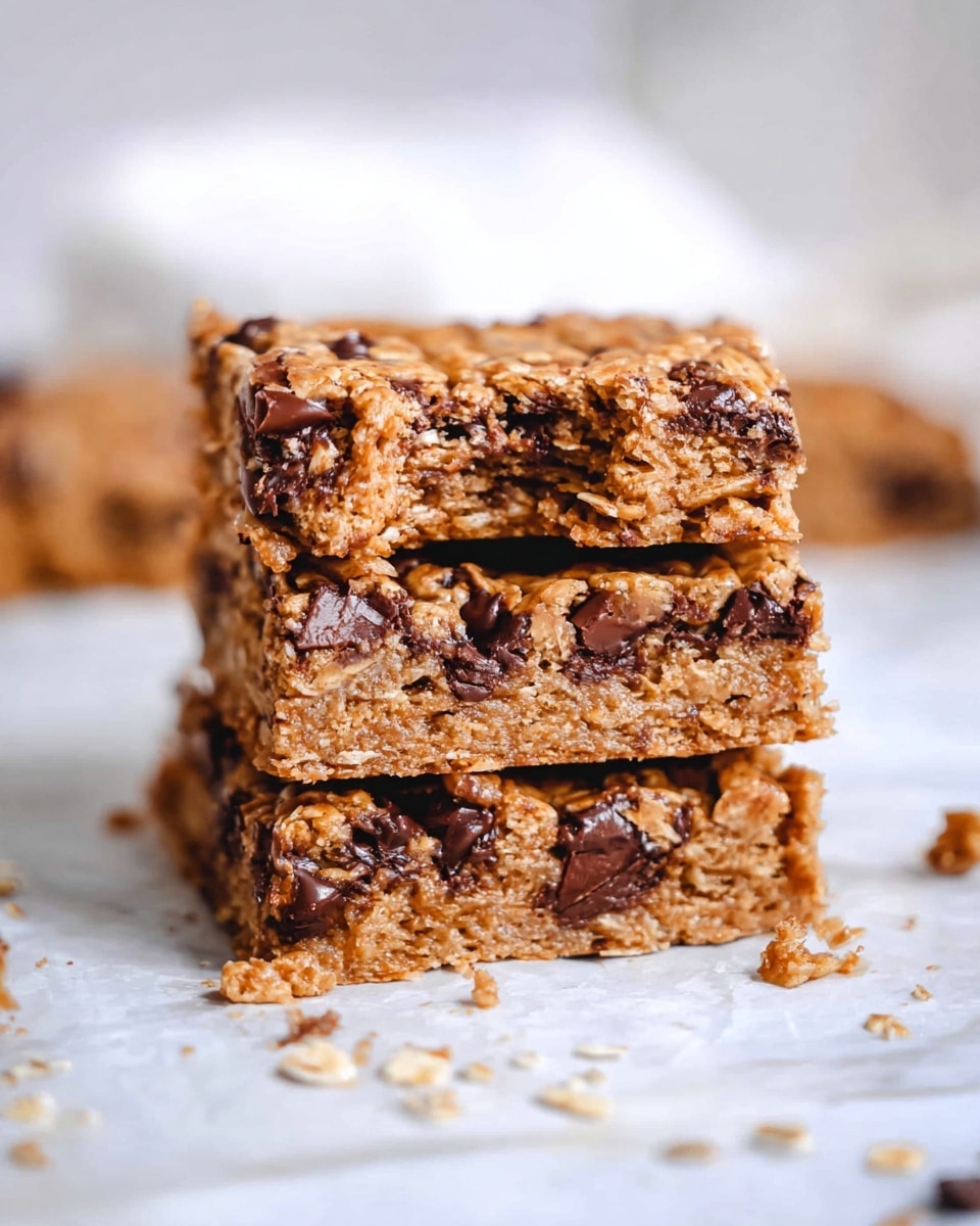 A stack of three thick, square oatmeal bars with chocolate chips is shown on a white marbled surface. The bars are golden brown with visible oats and melted chocolate chunks scattered throughout, giving a soft, chewy texture. The top bar has a bite taken out of it, showing the moist inside with more chocolate pieces. Some crumbs are scattered around the base of the stack, adding a natural touch. The background is softly blurred with light tones, keeping attention on the bars photo taken with an iphone --ar 4:5 --v 7