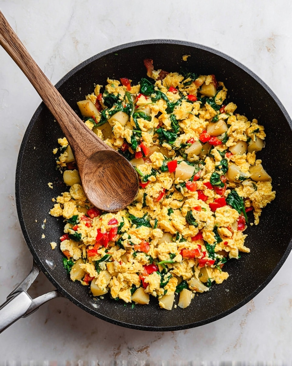 A black frying pan filled with a scrambled mixture of soft yellow eggs, light golden small potato cubes, bright red bell pepper pieces, and dark green spinach leaves evenly mixed together, with a wooden spoon resting in the middle of the pan. The pan is placed on a white marbled surface, and the colors and textures of the cooked ingredients create a visually appealing contrast. Photo taken with an iphone --ar 4:5 --v 7