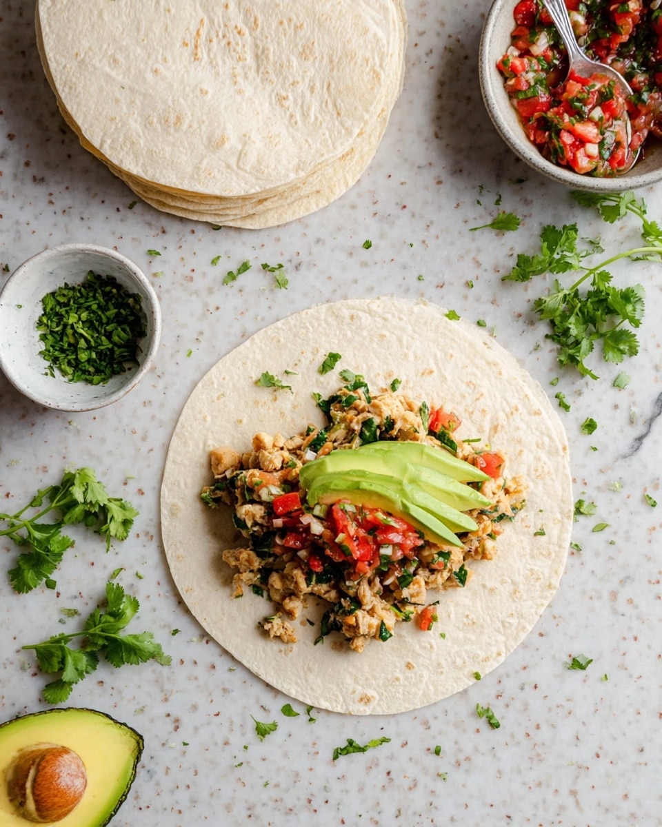 A white tortilla lays flat on a white marbled surface, filled with three main layers: the bottom layer is a mix of light brown cooked pieces with green leafy bits, then a few slices of smooth, pale green avocado are placed in the middle, topped with a bright red and green salsa made of finely chopped tomatoes, onions, and fresh herbs, scattered with some fresh chopped herbs around. To the side, there is a stack of plain white tortillas, a half avocado with pit, a bowl of red and green salsa with a spoon inside, and a small white cup with chopped green herbs. Fresh cilantro leaves are also visible on the surface. photo taken with an iphone --ar 4:5 --v 7