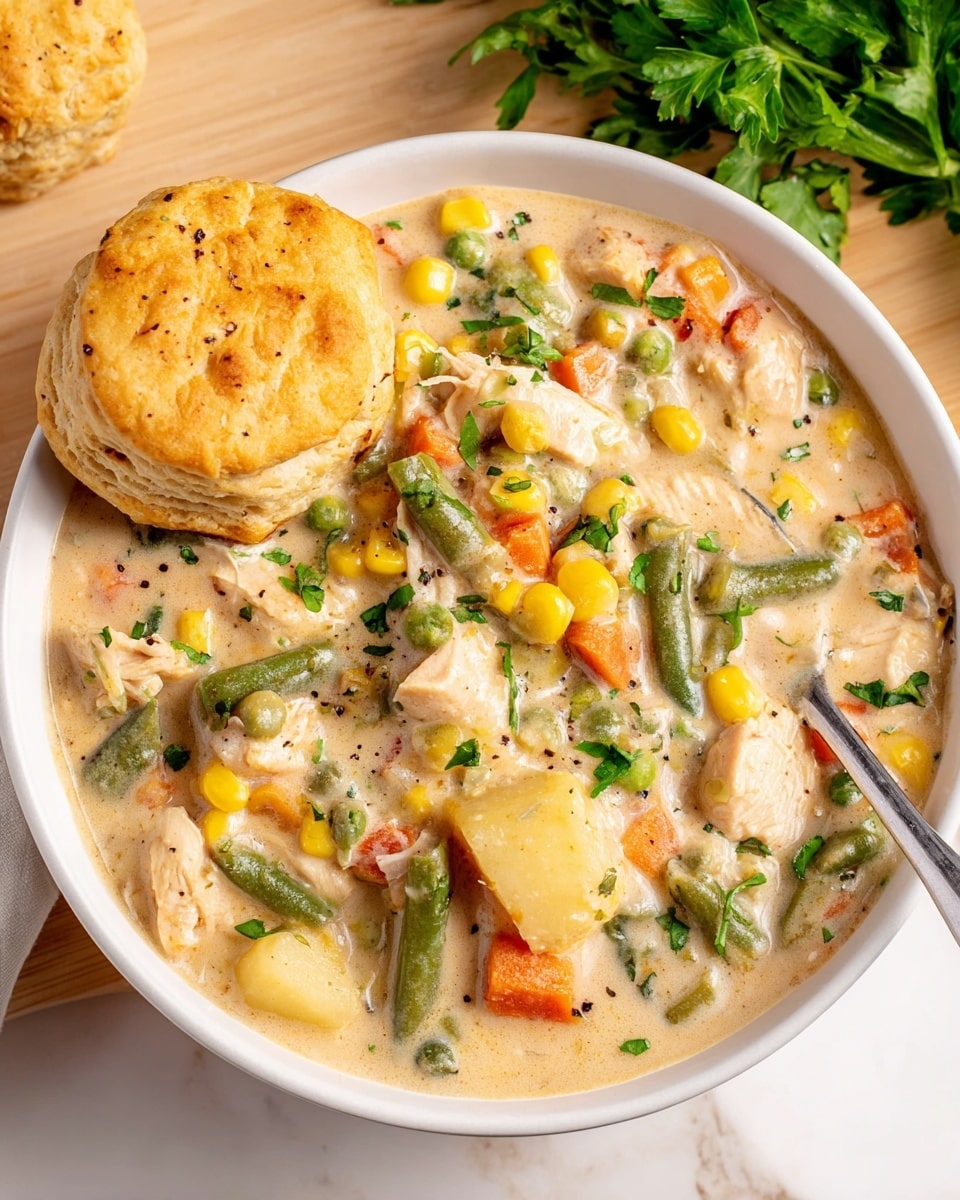 A white bowl filled with a thick creamy stew containing visible chunks of white chicken, green beans, orange carrots, yellow corn, green peas, and yellow potatoes, all mixed in a light beige sauce with small pieces of green herbs sprinkled on top. On the left side of the bowl, a golden-brown biscuit rests partially on the stew. A silver spoon is inside the bowl on the right side, and the bowl sits on a light wooden surface with fresh green parsley in the background. The surface has a white marbled texture. Photo taken with an iphone --ar 4:5 --v 7