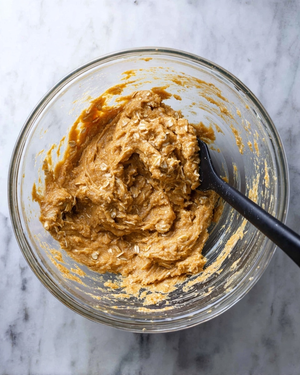A clear glass bowl contains a thick, chunky batter with a golden brown color mixed with visible lighter pieces, likely oats. A black spatula rests inside the batter on the right side. The bowl sits on a white marbled surface, and the texture of the batter is rough with some smoother swirls where it has been stirred. Photo taken with an iphone --ar 4:5 --v 7