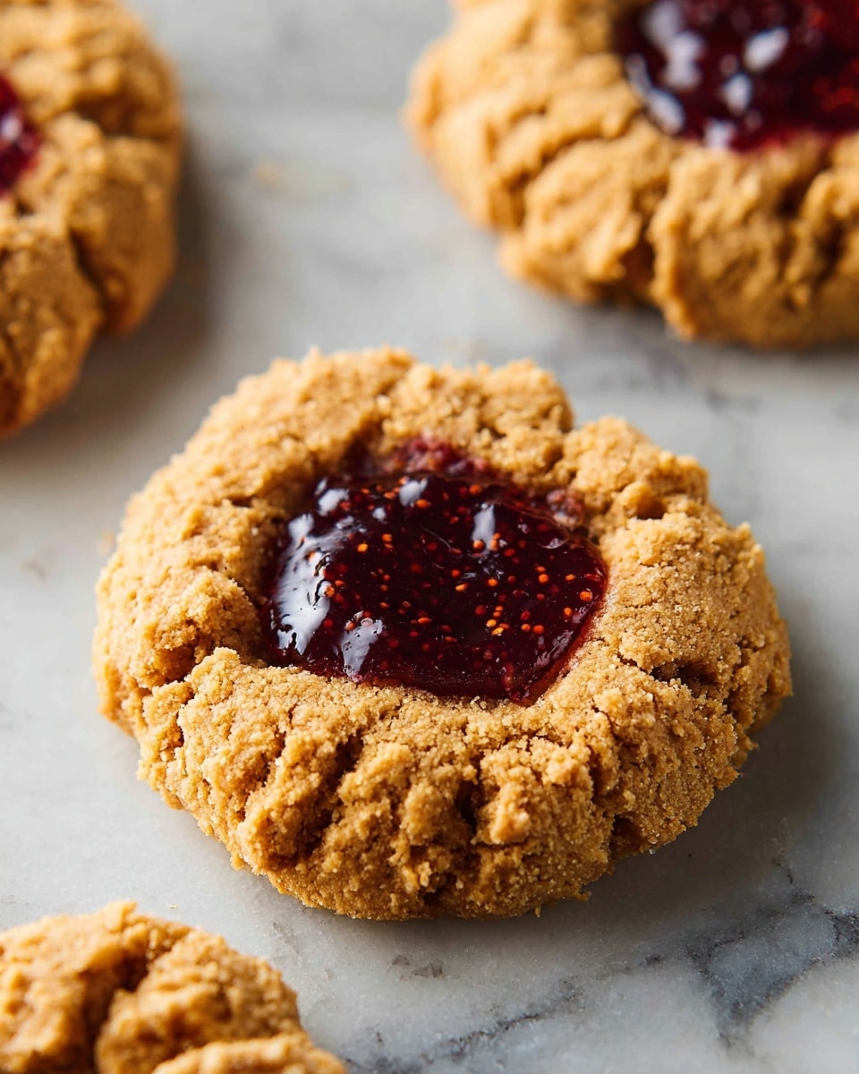 The image shows a close-up of a soft, thick cookie with a rough, crumbly texture in a light brown color. The cookie has a small well in the center filled with dark red, shiny jam that has a slightly lumpy surface with small seeds visible. Another similar cookie is partially visible in the background, resting on a white marbled surface. The cookie looks freshly baked with a rustic, homemade appearance photo taken with an iphone --ar 4:5 --v 7