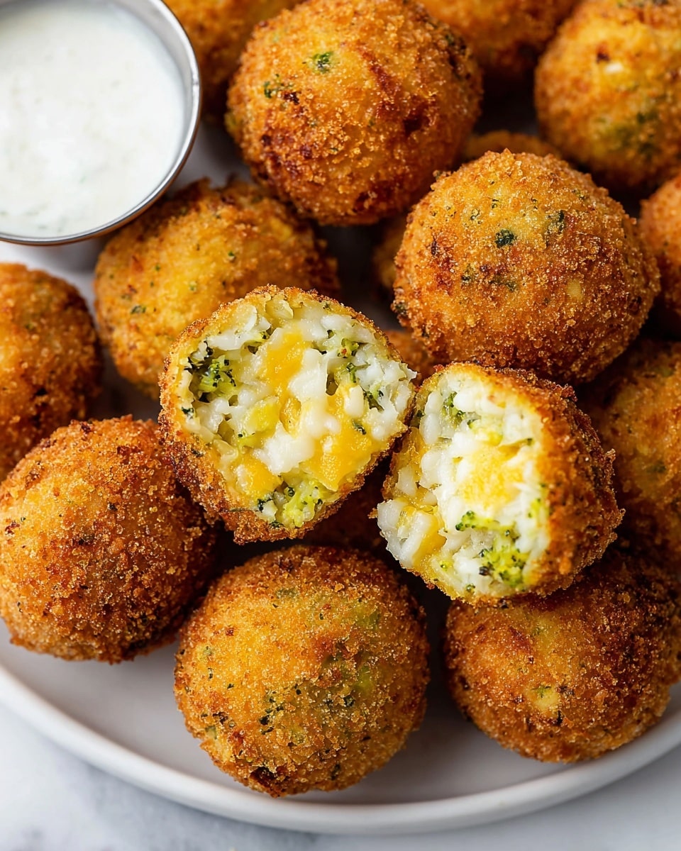 A close-up view of many golden brown, crispy round balls arranged on a white plate placed on a white marbled surface. One ball is cut in half, showing three layers inside: the outer layer is crunchy and deep golden, the middle layer is creamy yellow melted cheese mixed with small bright green broccoli pieces, and the inner layer is soft and white rice. To the left, there is a small metal cup with white creamy dipping sauce. Photo taken with an iphone --ar 4:5 --v 7