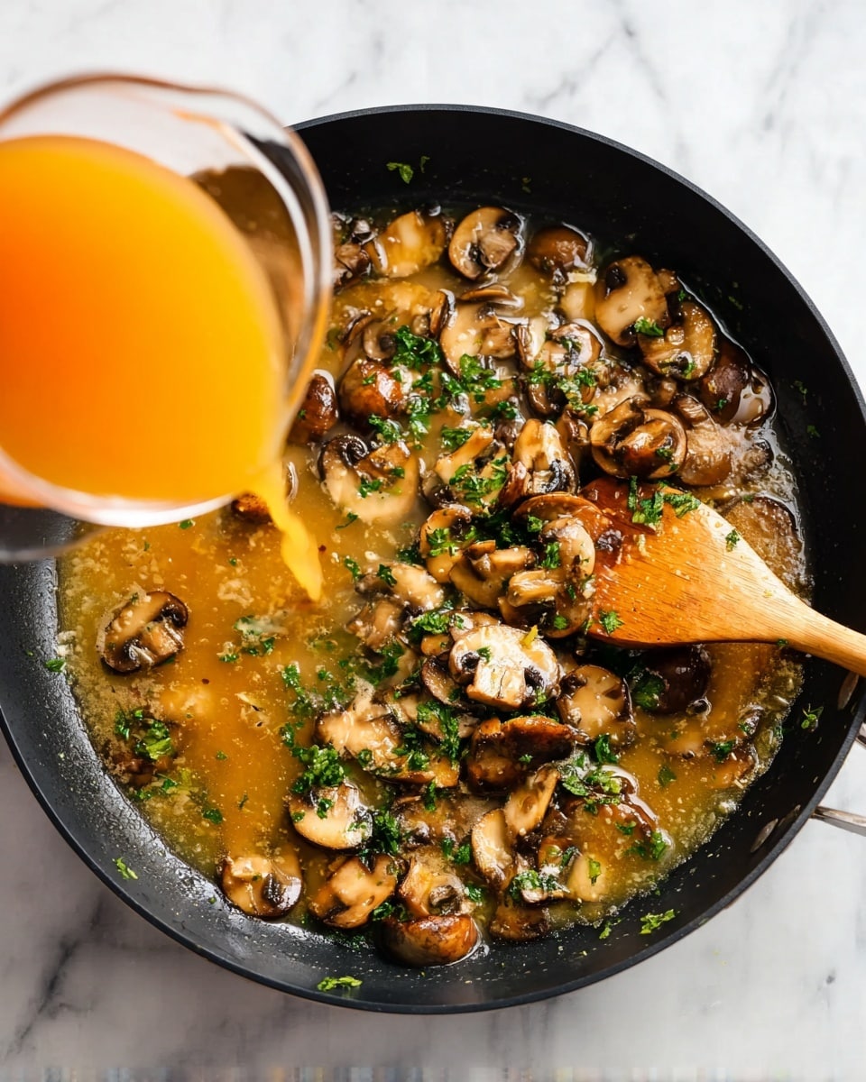 A close-up photo of a black pan with sliced brown mushrooms cooking in a light brown sauce, scattered with small pieces of green parsley on top. A wooden spoon is stirring the mushrooms in the pan from the right side. On the left side, a clear glass container is pouring an orange liquid into the pan. The pan is on a white marbled surface. Photo taken with an iphone --ar 4:5 --v 7