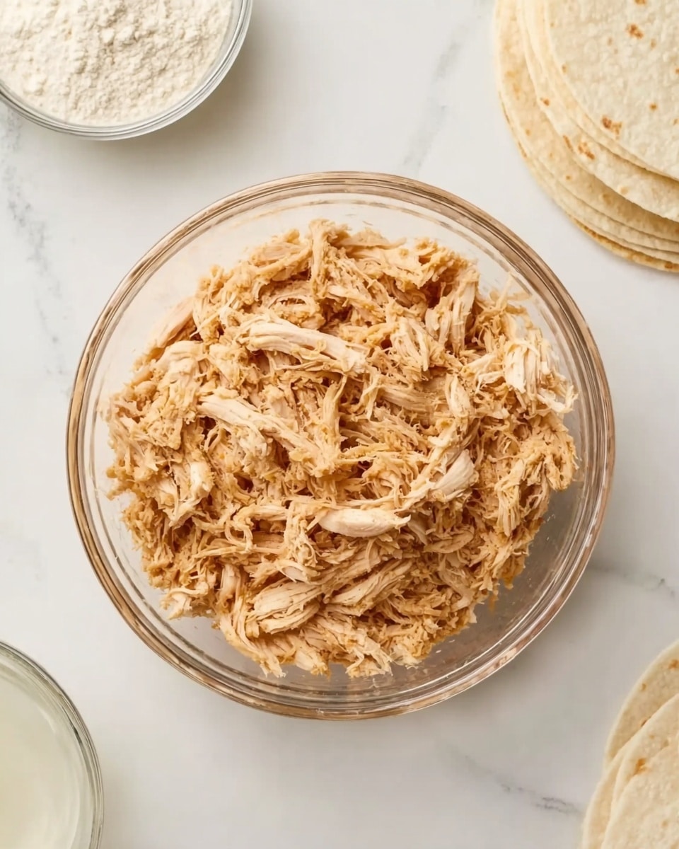 A clear glass bowl filled with shredded cooked chicken that is light brown in color, with a soft texture and small pieces all mixed together, placed on a white marbled surface. To the upper right of the bowl, there are stacked white tortillas arranged neatly, and to the upper left, a small glass bowl containing white powder, likely flour, along with a partial view of a white liquid in another container. The overall setting is clean and bright, emphasizing the textures and colors of the shredded chicken and the surrounding items. photo taken with an iphone --ar 4:5 --v 7