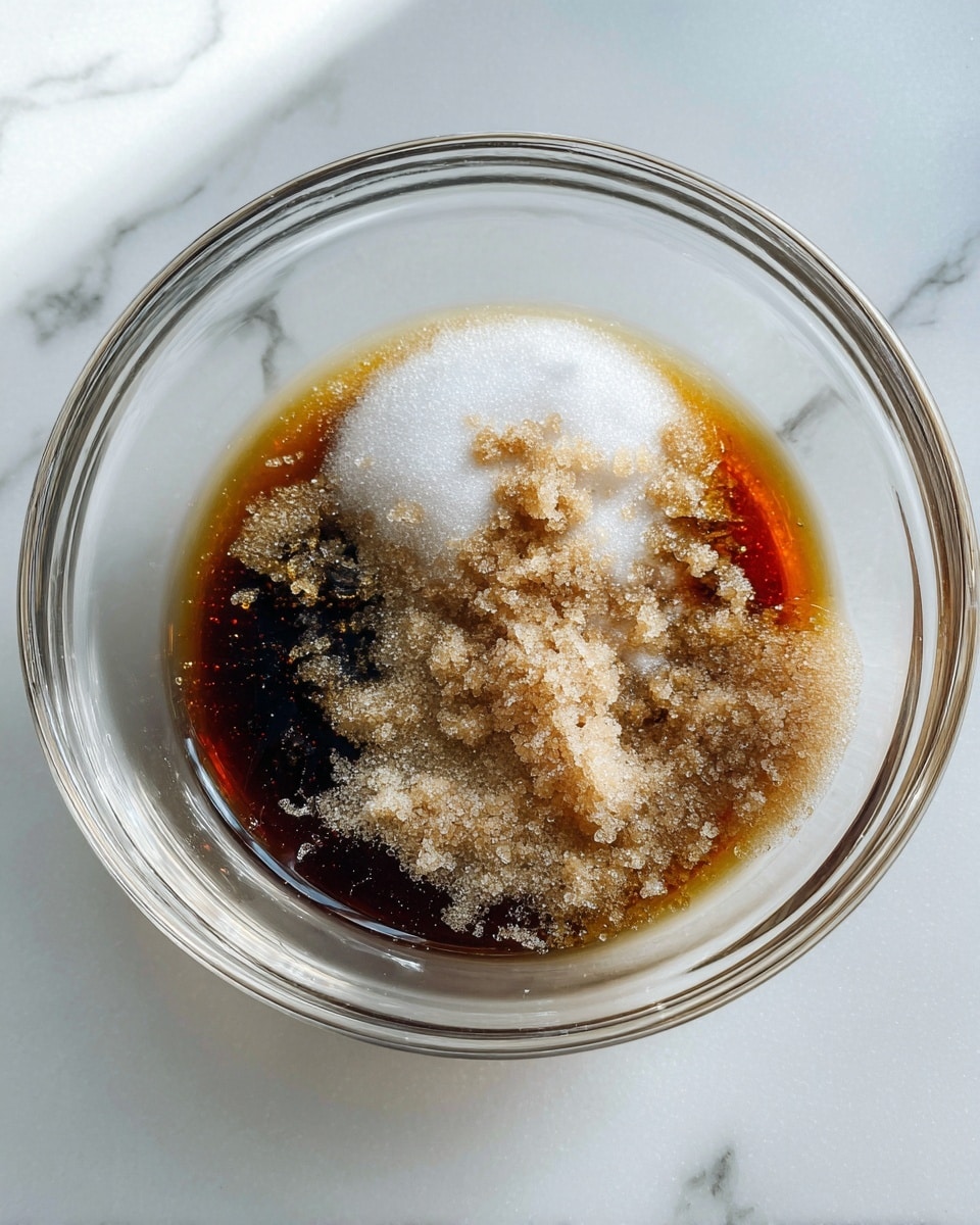 A clear glass bowl sits on a white marbled surface, filled with a mix of different sugars and liquid. The bottom layer is a dark amber liquid with a shiny texture. On top, there are patches of white granulated sugar and light brown sugar clumps scattered unevenly, creating a rough texture with a mix of coarse and fine grains. The bowl’s clear curved edges reflect light softly. photo taken with an iphone --ar 4:5 --v 7