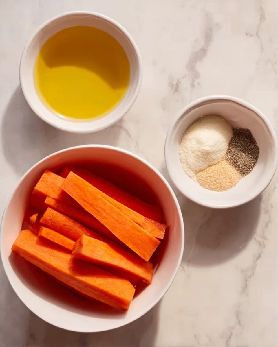 The image shows three small white bowls on a white marbled surface; the bottom bowl is filled with long, thick orange carrot sticks neatly arranged inside, the middle bowl contains a golden yellow liquid, likely oil, and the top bowl holds some white powder and a small amount of brown spice, possibly salt and pepper. The overall scene is bright and organized. Photo taken with an iphone --ar 4:5 --v 7