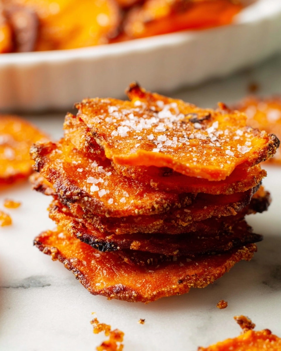 A stack of crispy, orange sweet potato slices is shown close-up on a white marbled surface. The stack has about three layers, each slice showing a crunchy, slightly charred texture with a rough, uneven edge. The top layer is sprinkled with a light dusting of white coarse salt, adding a grainy contrast to the bright orange of the sweet potato. Around the stack, small crispy bits and crumbs are scattered casually. In the background, a white ceramic dish holds more of the same sweet potato slices, slightly blurred to keep the focus on the stacked slices in front. The colors are warm with a mix of deep oranges and golden browns, showing a well-cooked, crispy finish photo taken with an iphone --ar 4:5 --v 7